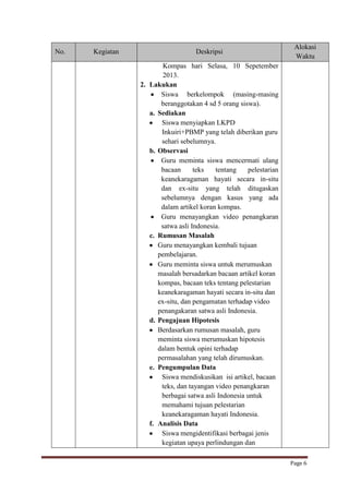 No.

Kegiatan

Deskripsi

Alokasi
Waktu

Kompas hari Selasa, 10 Sepetember
2013.
2. Lakukan
Siswa berkelompok (masing-masing
beranggotakan 4 sd 5 orang siswa).
a. Sediakan
Siswa menyiapkan LKPD
Inkuiri+PBMP yang telah diberikan guru
sehari sebelumnya.
b. Observasi
Guru meminta siswa mencermati ulang
bacaan
teks
tentang
pelestarian
keanekaragaman hayati secara in-situ
dan ex-situ yang telah ditugaskan
sebelumnya dengan kasus yang ada
dalam artikel koran kompas.
Guru menayangkan video penangkaran
satwa asli Indonesia.
c. Rumusan Masalah
Guru menayangkan kembali tujuan
pembelajaran.
Guru meminta siswa untuk merumuskan
masalah bersadarkan bacaan artikel koran
kompas, bacaan teks tentang pelestarian
keanekaragaman hayati secara in-situ dan
ex-situ, dan pengamatan terhadap video
penangakaran satwa asli Indonesia.
d. Pengajuan Hipotesis
Berdasarkan rumusan masalah, guru
meminta siswa merumuskan hipotesis
dalam bentuk opini terhadap
permasalahan yang telah dirumuskan.
e. Pengumpulan Data
Siswa mendiskusikan isi artikel, bacaan
teks, dan tayangan video penangkaran
berbagai satwa asli Indonesia untuk
memahami tujuan pelestarian
keanekaragaman hayati Indonesia.
f. Analisis Data
Siswa mengidentifikasi berbagai jenis
kegiatan upaya perlindungan dan
Page 6

 