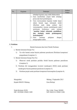 No.

Kegiatan

Alokasi
Waktu

Deskripsi
terhadap kegiatan yang sudah dilaksanakan
3. Guru memberikan umpan balik terhadap
proses dan hasil pembelajaran,
4. Guru merencanakan kegiatan tindak lanjut
dalam bentuk tugas kelompok (telah
diberikan pada tahap arahan) dan
menyampaikan rencana pembelajaran pada
pertemuan
berikutnya,
yaitu
tentang
“manfaat kehati (ekonomi, pendidikan,
dan ekologis) untuk pembangunan
berkelanjutan”
5. Guru
menutup
pelajaran
dengan
mengucapkan salam.

H. Penilaian
1.

Bentuk Instrumen dan Jenis/Teknik Penilaian:
a. Bentuk Instrumen berupa Tes:
1)

Tes tulis bentuk uraian beserta pedoman pensekoran (Penilaian kompetensi
pengetahuan) (Lampiran 1).

b. Bentuk Instrumen berupa Non Tes:
1)

Observasi untuk penilaian perilaku ilmiah beserta pedoman pensekoran
(Lampiran 2).

2) Penilaian diri menggunakan inventori metakognisi (MAI) untuk penilaian
metakognisi beserta pedoman penskoran (Lampiran 3).
3)

Penilaian projek untuk penilaian kompetensi keterampilan (Lampiran 4).

Mengetahui,

Malang, 3 September 2013

Kepala SMAN 8 Malang

Guru Biologi

Ninik Kristiani, M.Pd
NIP. 19670206 199403 2 009

Dra. Liliek Triani, M.KPd
NIP 19641214 199403 2 004

Page 8

 
