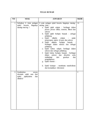 TUGAS RUMAH
NO SOAL JAWABAN SKOR
1. Sebutkan 8 Jenis jaringan
epitel beserta fungsinya
masing-masing !
8 jenis jaringan epitel beserta fungsinya masing-
masing yaitu :
a. Epitel pipih selapis : berfungsi dalam
proses proses difusi, osmosis, filtrasi dan
sekresi
b. Epitel pipih berlapis banyak : sebagai
pelindung
c. Epitel silindris selapis : untuk
penyerapan nutrisi di usus dan sekresi
d. Epitel silindris berlapis banyak :
berfungsi dalam sekresi dan sebagai
pelindung
e. Epitel kubus selapis: berfungsi dalam
sekresi dan sebagai pelindung
f. Epitel kubus berlapis banyak : berfungsi
dalam sekresi dan absorbsi serta
melindungi dari gesekan dan
pengelupasan
g. Epitel transisi :
h. Epitel kelenjar : membantu metabolisme
dan komunikasi (feromon)
16
2. Gambarkan secara
skematis salah satu dari
epitel pipih,kubus dan
silindris!
3
 