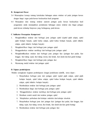B. Kompetensi Dasar
3.4 Menerapkan konsep tentang keterkaitan hubungan antara struktur sel pada jaringan hewan
dengan fungsi organ pada hewan berdasarkan hasil pengamat
4.4 Menyajikan data tentang struktur anatomi jaringan pada hewan berdasarkan hasil
pengamatan untuk menunjukkan pemahaman hubungan antara struktur dan fungsi jaringan
pada hewan terhadap bioproses yang berlangsung pada hewan.
C. Indikator Pencapaian Kompetensi
1. Mengidentifikasi struktur dari berbagai jenis jaringan epitel ((epitel pipih selapis, epitel
pipih berlapis banyak, epitel kubus selapis, epitel kubus berlapis banyak, epitel silindris
selapis, epitel silindris berlapis banyak)
2. Mengidentifikasi fungsi dari berbagai jenis jaringan epitel
3. Menggambarkan struktur morfologi dari berbagai jenis jaringan epitel
4. Mengidentifikasikan struktur dari berbagai jenis jaringan ikat (jaringan ikat padat, ikat
longgar, ikat tulang sejati, ikat tulang rawan, ikat lemak, ikat darah dan ikat getah bening)
5. Mengidentifikasi fungsi dari berbagai jenis jaringan ikat
6. Merancang model struktur dari jaringan epitel
D. Tujuan pembelajaran
Melalui serangkaian kegiatan pembelajaran dengan pendekatan saintifik, siswa dapat :
1. Menyebutkan berbagai jenis dari jaringan epitel (epitel pipih selapis, epitel pipih
berlapis banyak, epitel kubus selapis, epitel kubus berlapis banyak, epitel silindris
selapis, epitel silindris berlapis banyak)
2. Membedakan struktur dari berbagai jenis jaringan epitel
3. Membedakan fungsi dari berbagai jenis jaringan epitel
4. Menggambarkan struktur morfologi dari berbagai jenis jaringan epitel
5. Membuat contoh model dari struktur jaringan epitel
6. Menjelaskan perbedaan dari kelenjar endokrin dan kelenjar eksokrin
7. Menyebutkan berbagai jenis dari jaringan ikat (jaringan ikat padat, ikat longgar, ikat
tulang sejati, ikat tulang rawan, ikat lemak, ikat darah dan ikat getah bening)
8. Membedakan struktur dari berbagai jenis jaringan ikat
 
