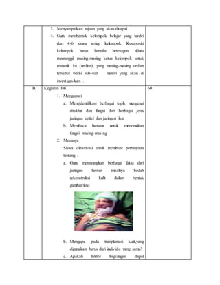 3. Menyampaikan tujuan yang akan dicapai
4. Guru membentuk kelompok belajar yang terdiri
dari 4-6 siswa setiap kelompok. Komposisi
kelompok harus bersifat heterogen. Guru
memanggil masing-masing ketua kelompok untuk
manarik lot (undian), yang masing-masing undian
tersebut berisi sub-sub materi yang akan di
investigasikan .
B. Kegiatan Inti
1. Mengamati
a. Mengidentifikasi berbagai topik mengenai
struktur dan fungsi dari berbagai jenis
jaringan epitel dan jaringan ikat
b. Membaca literatur untuk menemukan
fungsi masing-masing
2. Menanya
Siswa dimotivasi untuk membuat pertanyaan
tentang :
a. Guru menayangkan berbagai fakta dari
jaringan hewan misalnya bedah
rekonstruksi kulit dalam bentuk
gambar/foto
b. Mengapa pada tranplantasi kulit,yang
digunakan harus dari individu yang sama?
c. Apakah faktor lingkungan dapat
60
 