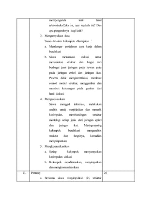 mempengaruhi kulit hasil
rekonstruksi?jika ya, apa sajakah itu? Dan
apa pengaruhnya bagi kulit?
3. Mengumpulkan data
Siswa didalam kelompok diharapkan :
a. Mendengar penjelasan cara kerja dalam
berdiskusi
b. Siswa melakukan diskusi untuk
menemukan struktur dan fungsi dari
berbagai jenis jaringan pada hewan yaitu
pada jaringan epitel dan jaringan ikat.
Peserta didik mengidentifikasi, membuat
contoh model struktur, menggambar dan
memberi keterangan pada gambar dari
hasil diskusi.
4. Mengasosiasikan
Siswa menggali informasi, melakukan
analisis untuk menjelaskan dan menarik
kesimpulan, membandingan struktur
morfologi setiap jenis dari jaringan epitel
dan jaringan ikat. Masing-masing
kelompok berdiskusi menganalisis
struktur dan fungsinya, kemudian
menyimpulkan
5. Mengkomunikasikan
a. Setiap kelompok menyampaikan
kesimpulan diskusi
b. Kelompok mendiskusikan, menyimpulkan
dan mengkomunikasikan
C. Penutup
a. Bersama siswa menyimpulkan ciri, struktur
20
 