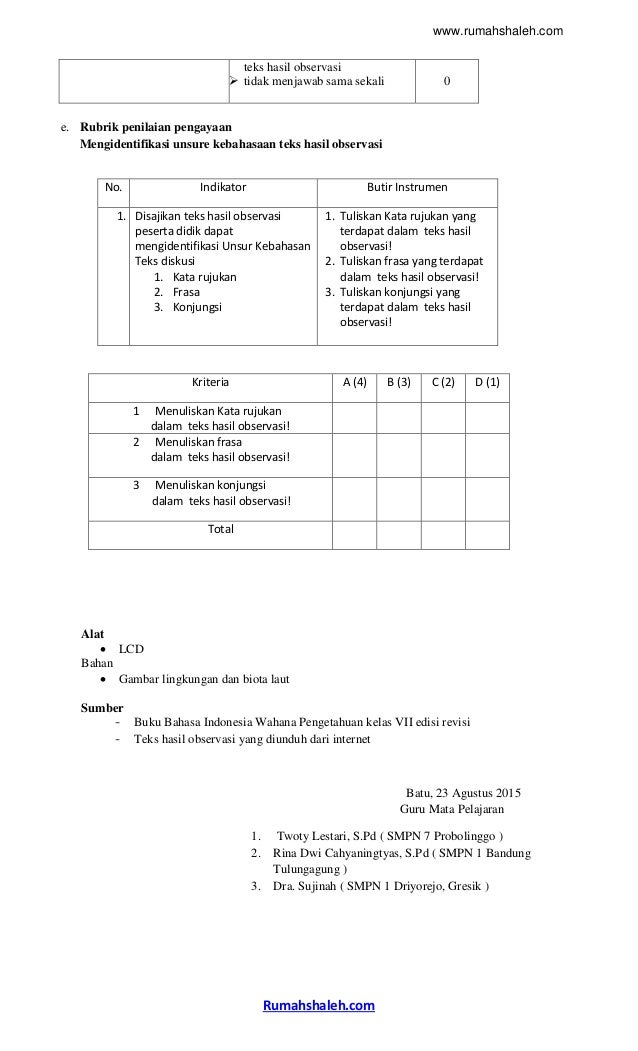 Contoh rpp laporan hasil observasi smp kelas 7