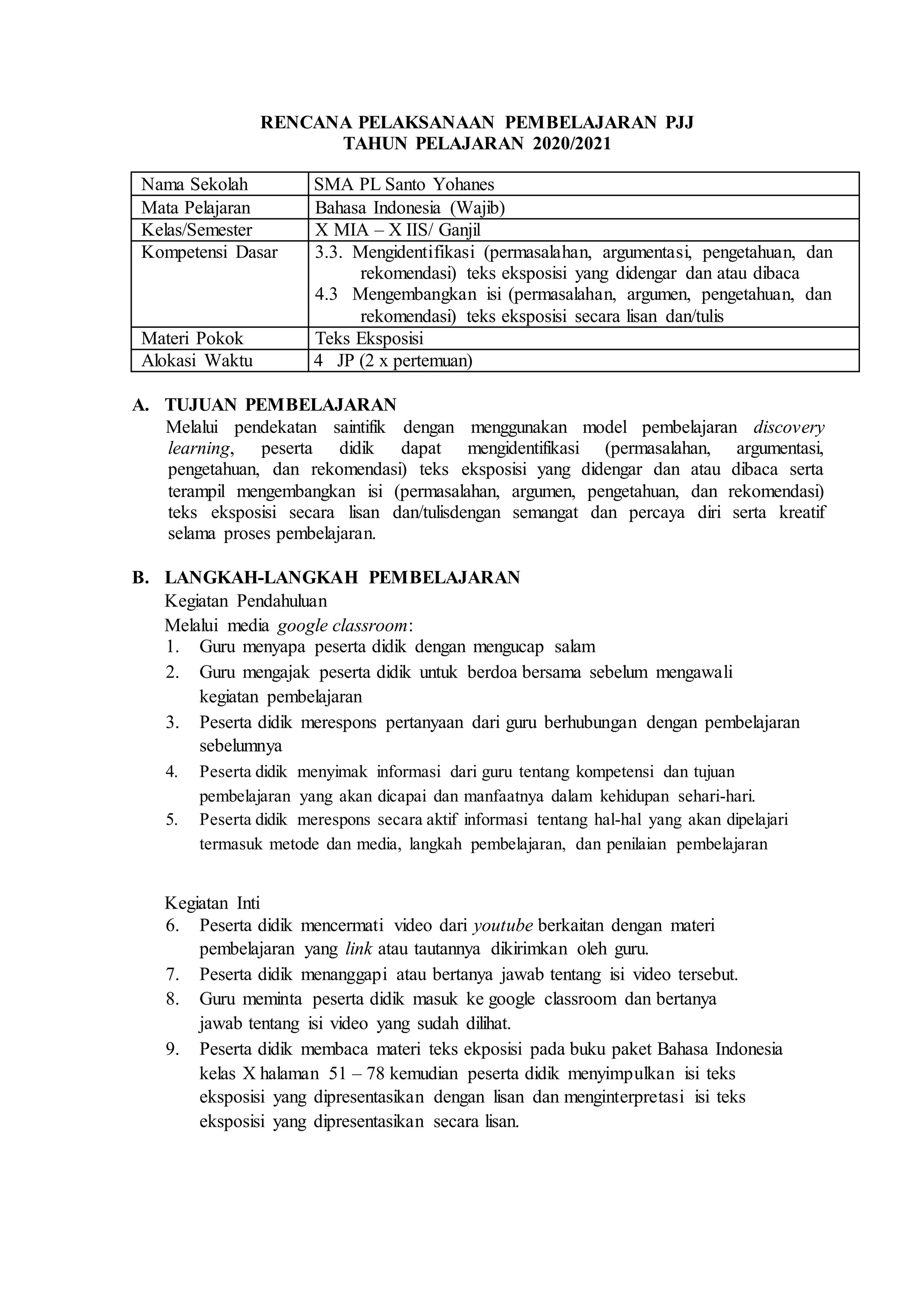 Contoh rpp pjj masa pandemi | DOC