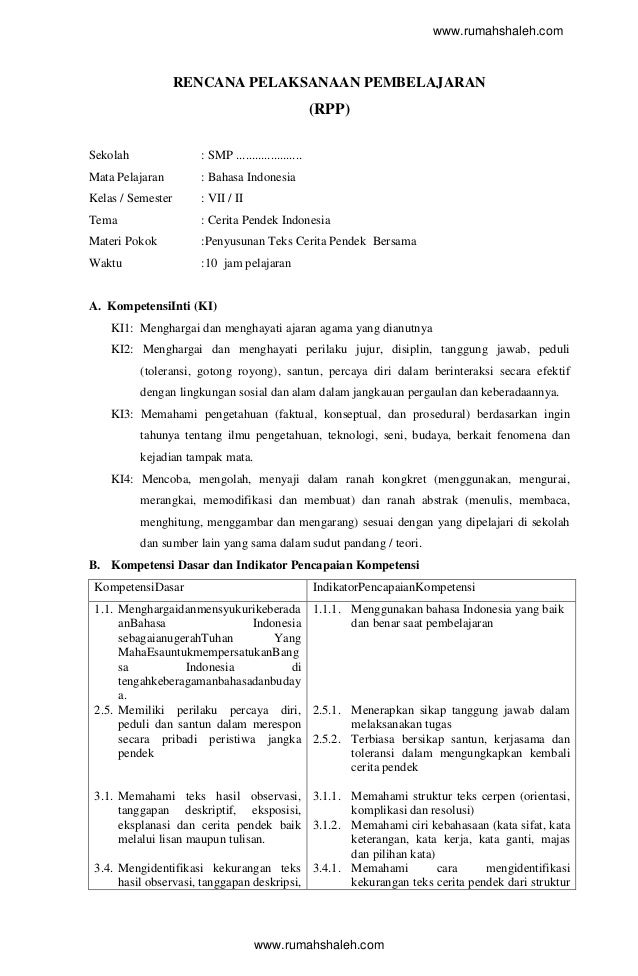 Contoh rpp teks cerpen smp kelas vii