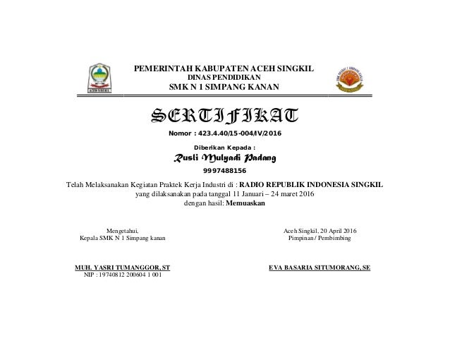 Contoh sertifikat prakerin