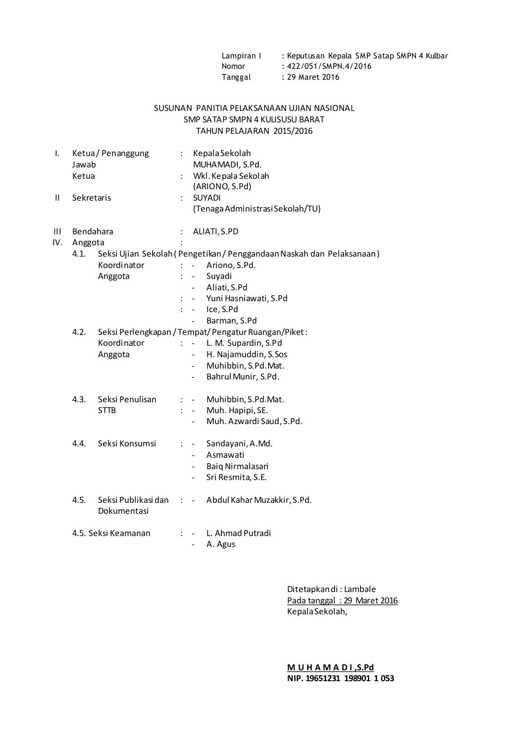 Contoh sk panitia un 2013 (sekolah penyelenggara)