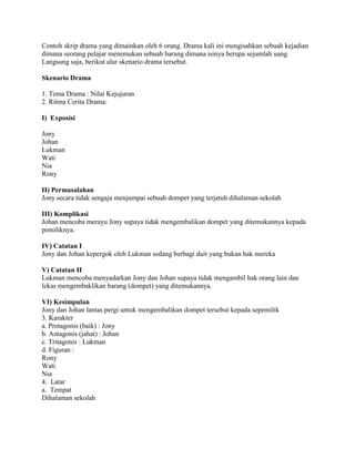 Contoh skrip drama yang dimainkan oleh 6 orang. Drama kali ini mengisahkan sebuah kejadian
dimana seorang pelajar menemukan sebuah barang dimana isinya berupa sejumlah uang.
Langsung saja, berikut alur skenario drama tersebut.
Skenario Drama
1. Tema Drama : Nilai Kejujuran
2. Ritma Cerita Drama:
I) Exposisi
Jony
Johan
Lukman
Wati
Nia
Rony
II) Permasalahan
Jony secara tidak sengaja menjumpai sebuah dompet yang terjatuh dihalaman sekolah
III) Komplikasi
Johan mencoba merayu Jony supaya tidak mengembalikan dompet yang ditemukannya kepada
pemiliknya.
IV) Catatan I
Jony dan Johan kepergok oleh Lukman sedang berbagi duit yang bukan hak mereka
V) Catatan II
Lukman mencoba menyadarkan Jony dan Johan supaya tidak mengambil hak orang lain dan
lekas mengembaklikan barang (dompet) yang ditemukannya.
VI) Kesimpulan
Jony dan Johan lantas pergi untuk mengembalikan dompet tersebut kepada sepemilik
3. Karakter
a. Protagonis (baik) : Jony
b. Antagonis (jahat) : Johan
c. Tritagonis : Lukman
d. Figuran :
Rony
Wati
Nia
4. Latar
a. Tempat
Dihalaman sekolah
 