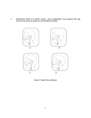 4.   Berdasarkan Rajah 2 di bawah, daerah yang menghasilkan bunyi geseran bibir gigi
     bersuara konsonan [v] seperti bunyi perkataan larva ialah




                     A                                    B




                     C                               D



                           Rajah 2: Daerah Bunyi Bahasa




                                        4
 