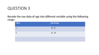 QUESTION 3
Recode the raw data of age into different variable using the following
range:
Value Age Range
1 10 -15
2 16 - 20
 