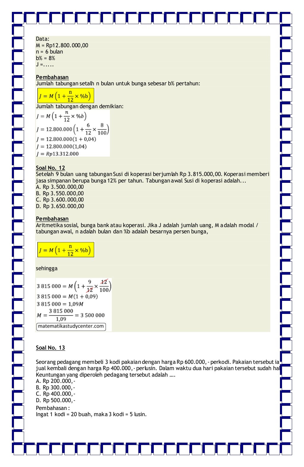 Contoh Soal Aritmatika Sosial Kelas 7 Kurikulum 2013