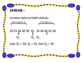 JAWAB :
Urutkan data terlebih dahulu.
 5 data di bawah Q2           5 data di atas Q2



20 25 30 30 30 35 35 40 45 45 50
       Q1             Q2 Q3

Jadi, Q1 = 30, Q2 = 35, dan Q3 = 45.
 