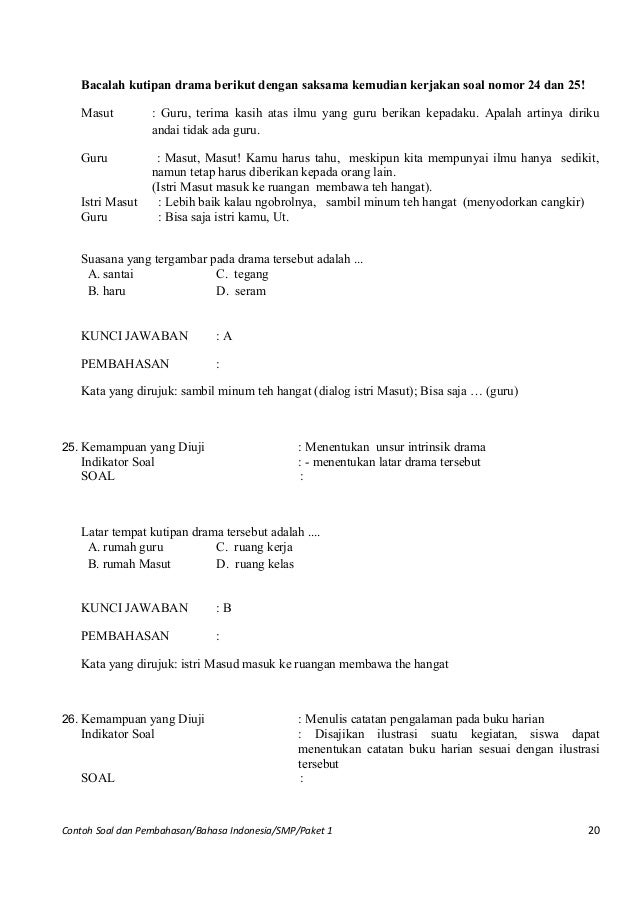 Contoh soal un bahasa indonesia smp pk1 dan pembahasannya