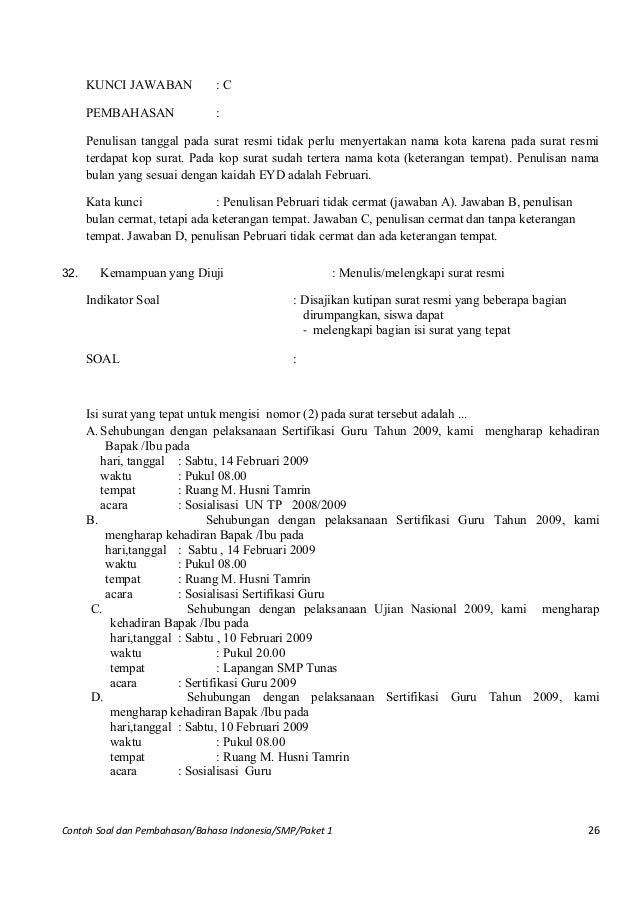 Contoh soal un bahasa indonesia smp pk1 dan pembahasannya