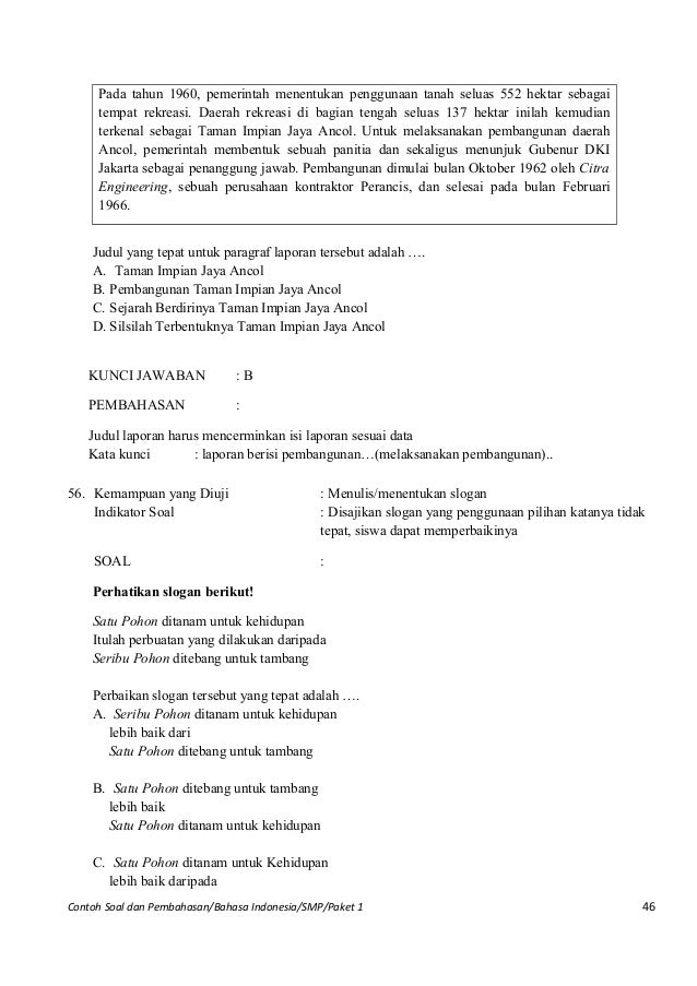 Contoh Soal Un Bahasa Indonesia Smp Pk1 Dan Pembahasannya