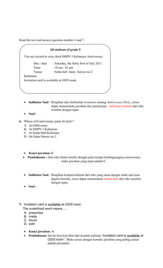 Contoh soal un bahasa inggris smp paket 3