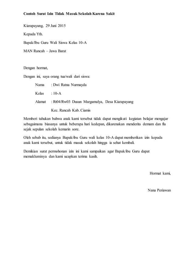 Contoh surat izin tidak masuk sekolah karena sakit | PDF