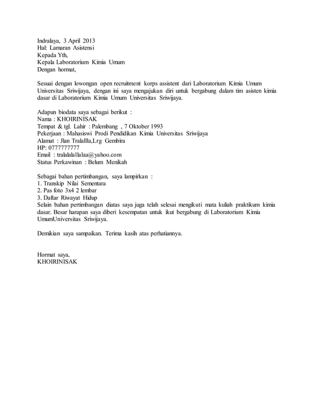 Lamaran Asisten Kimia | PDF