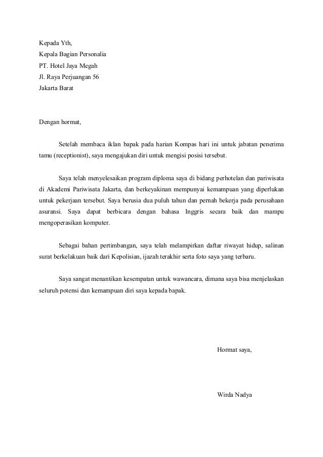 Contoh surat lamaran kerja resepsionis xtmxady 4