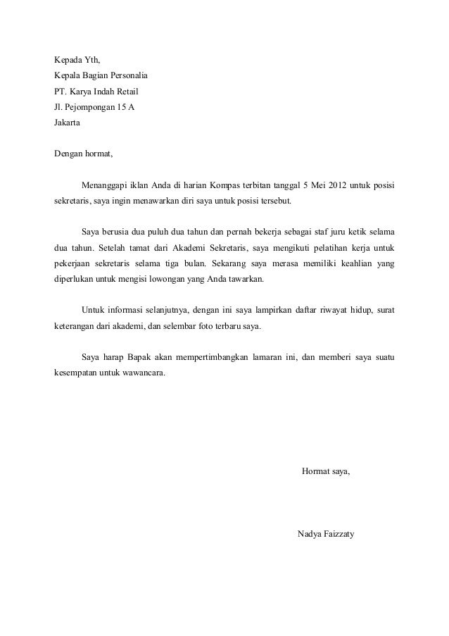 Contoh surat lamaran kerja sekretaris xtmxady 5