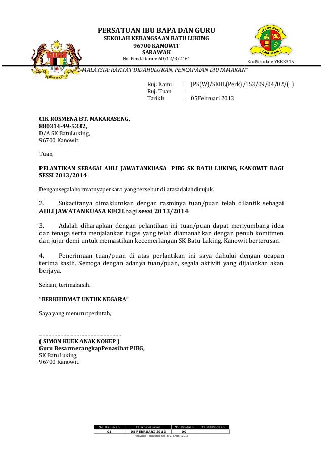 alt= Contoh Surat Lantikan Ajk Pibg