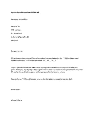 Contoh Surat Pengunduran Diri Kerja