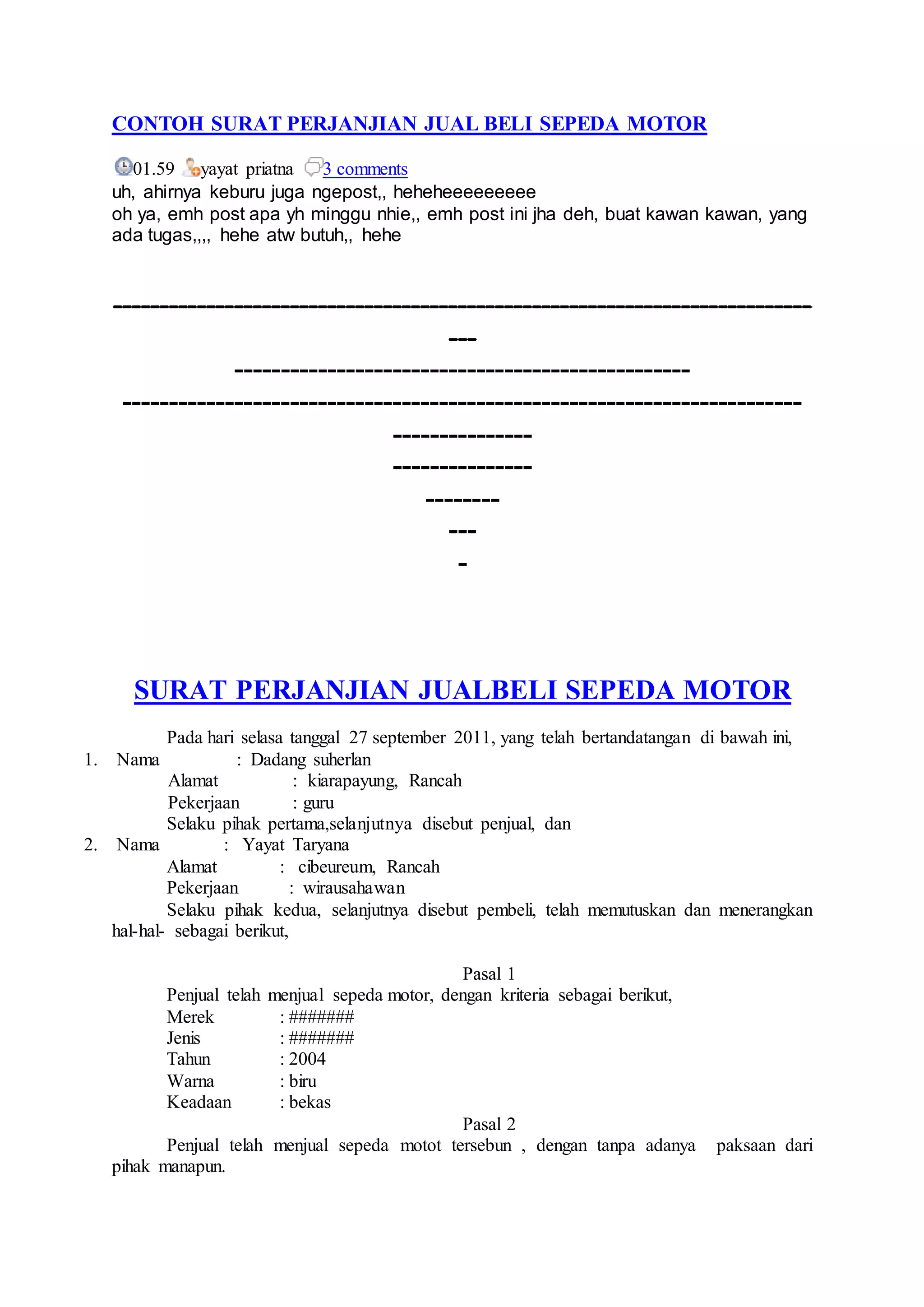 Contoh surat perjanjian jual beli sepeda motor | DOCX