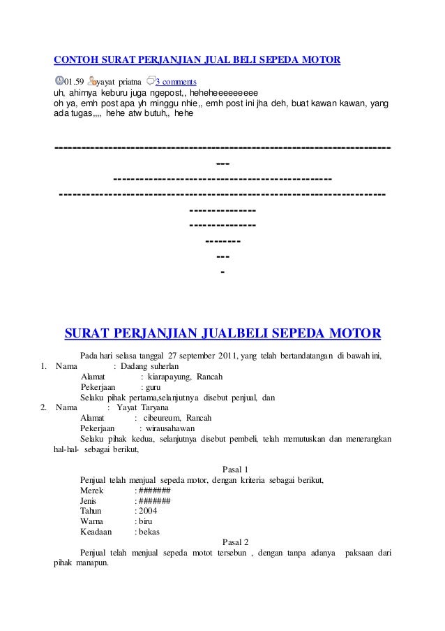 Contoh Surat Perjanjian Jual Beli Sepeda Motor