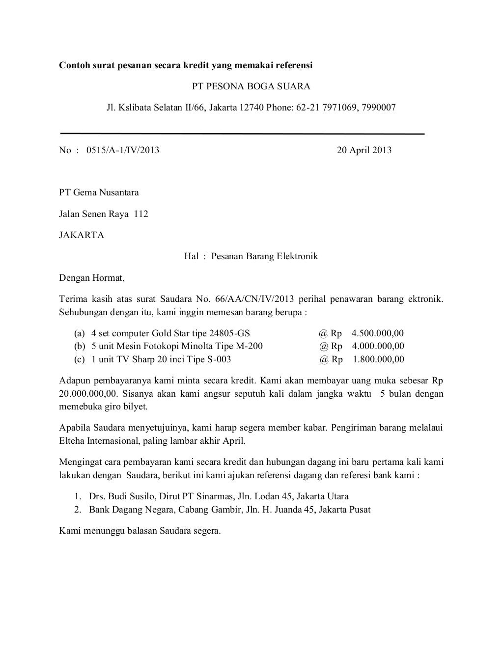 Contoh surat pesanan secara kredit yang memakai referensi