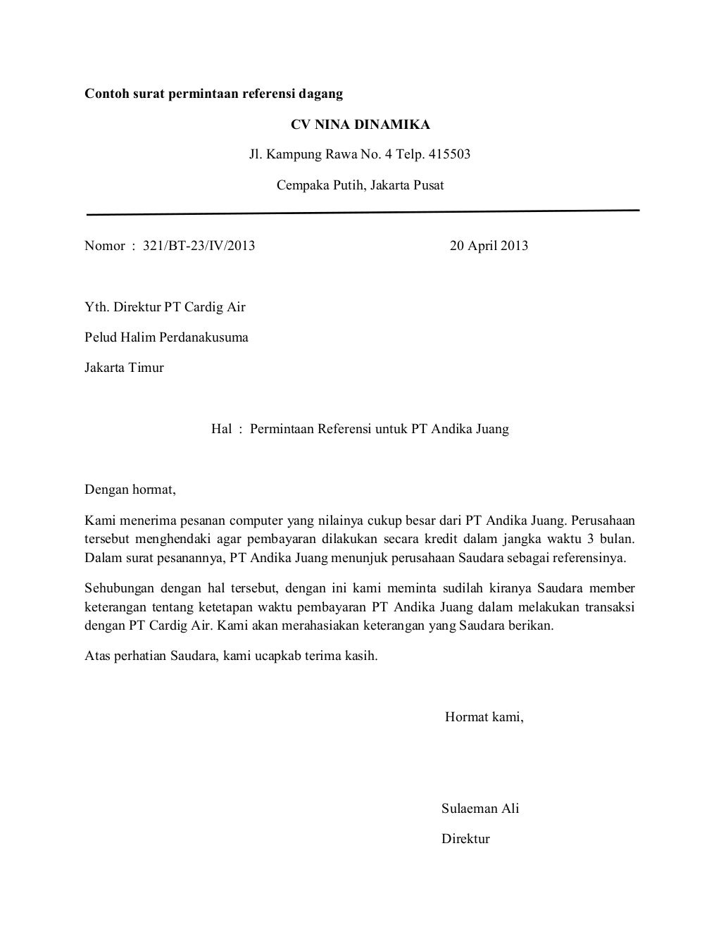 Contoh surat pesanan secara kredit yang memakai referensi