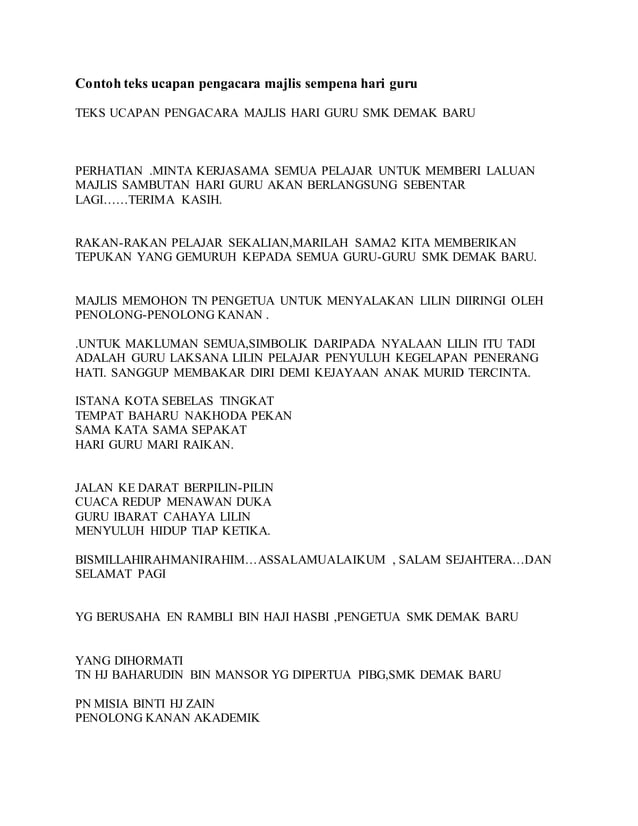 Contoh teks ucapan pengacara majlis sempena hari guru