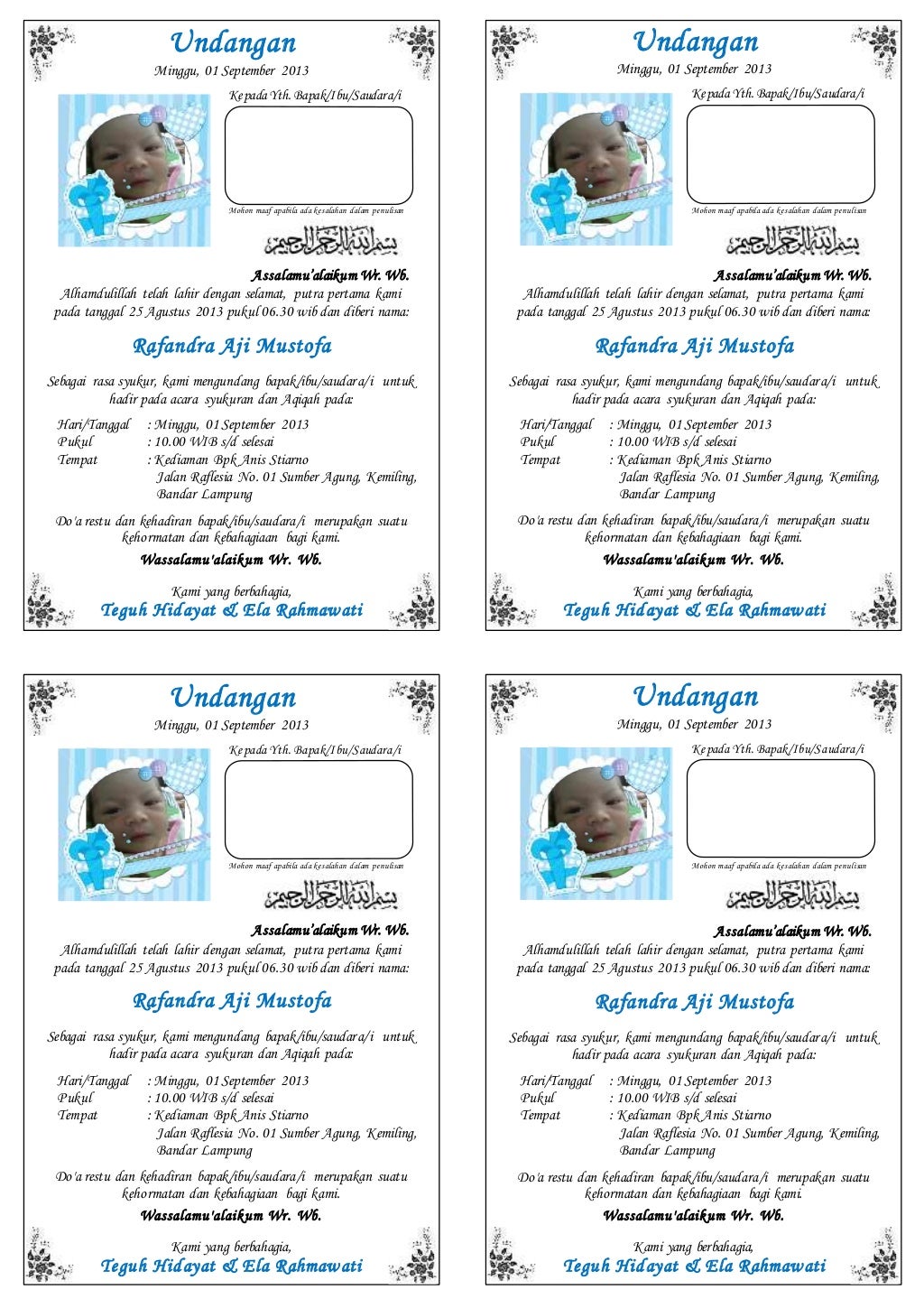 Contoh undangan aqiqah doc simpel (kertas a4 dibagi 4)