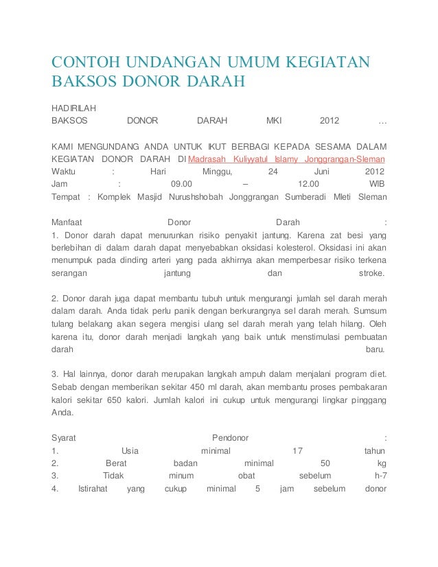 Contoh undangan umum kegiatan baksos donor darah