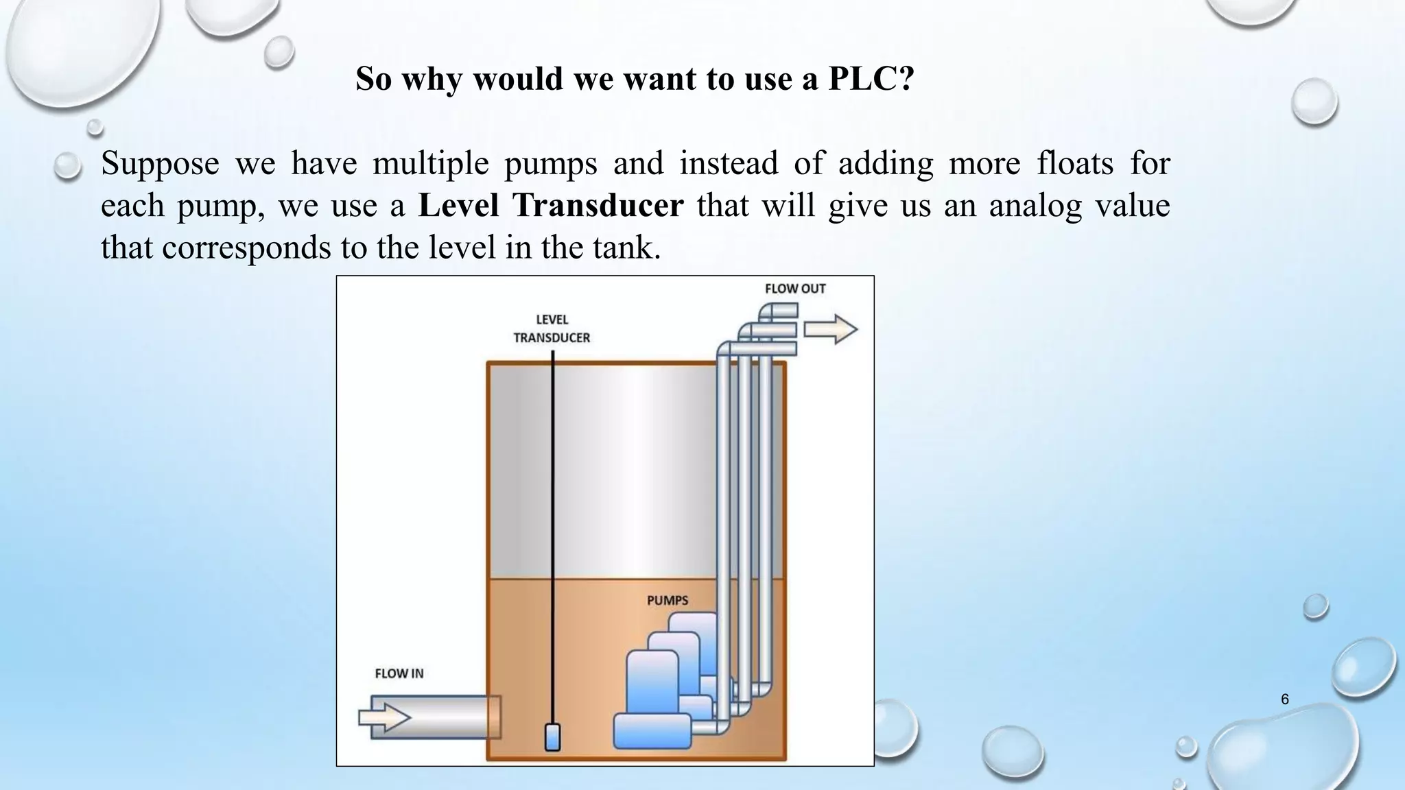 So why would we want to use a PLC?
Suppose we have multiple pumps and instead of adding more floats for
each pump, we use a Level Transducer that will give us an analog value
that corresponds to the level in the tank.
6
 