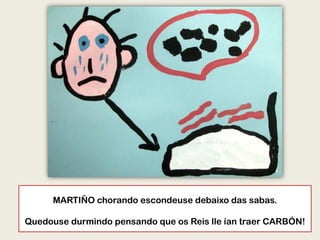 MARTIÑO chorando escondeuse debaixo das sabas.
Quedouse durmindo pensando que os Reis lle ían traer CARBÓN!
 