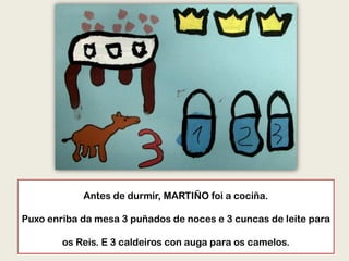 Antes de durmir, MARTIÑO foi a cociña.
Puxo enriba da mesa 3 puñados de noces e 3 cuncas de leite para
os Reis. E 3 caldeiros con auga para os camelos.
 