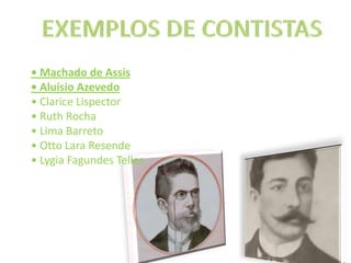 EXEMPLOS DE CONTISTAS• Machado de Assis• Aluísio Azevedo• Clarice Lispector• Ruth Rocha• Lima Barreto• Otto Lara Resende• Lygia Fagundes Telles