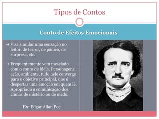 Conto de Efeitos Emocionais
→ Visa simular uma sensação no
leitor, de terror, de pânico, de
surpresa, etc.
→ Frequentemente vem mesclado
com o conto de ideia. Personagens,
ação, ambiente, tudo nele converge
para o objetivo principal, que é
despertar uma emoção em quem lê.
Apropriado à comunicação dos
climas de mistério ou de medo.
Ex: Edgar Allan Poe
Tipos de Contos
 
