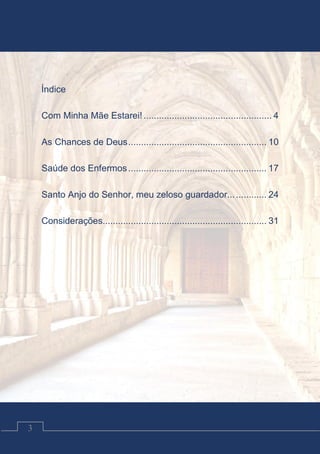 Contos Católicos
3
Índice
Com Minha Mãe Estarei!.................................................. 4
As Chances de Deus...................................................... 10
Saúde dos Enfermos...................................................... 17
Santo Anjo do Senhor, meu zeloso guardador............... 24
Considerações................................................................ 31
 