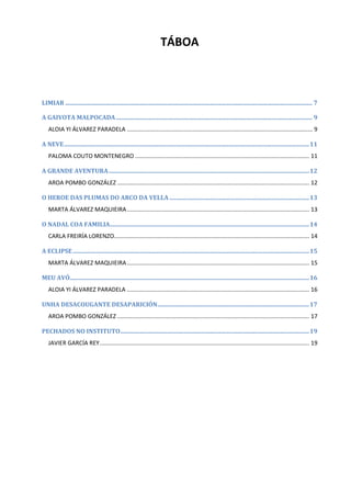 21
TÁBOA
LIMIAR ...................................................................................................................................................................... 7
A GAIVOTA MALPOCADA.................................................................................................................................... 9
ALOIA YI ÁLVAREZ PARADELA .................................................................................................................. 9
A NEVE.....................................................................................................................................................................11
PALOMA COUTO MONTENEGRO ........................................................................................................... 11
A GRANDE AVENTURA.......................................................................................................................................12
AROA POMBO GONZÁLEZ ...................................................................................................................... 12
O HEROE DAS PLUMAS DO ARCO DA VELLA ..............................................................................................13
MARTA ÁLVAREZ MAQUIEIRA................................................................................................................ 13
O NADAL COA FAMILIA......................................................................................................................................14
CARLA FREIRÍA LORENZO........................................................................................................................ 14
A ECLIPSE...............................................................................................................................................................15
MARTA ÁLVAREZ MAQUIEIRA................................................................................................................ 15
MEU AVÓ.................................................................................................................................................................16
ALOIA YI ÁLVAREZ PARADELA ................................................................................................................ 16
UNHA DESACOUGANTE DESAPARICIÓN......................................................................................................17
AROA POMBO GONZÁLEZ ...................................................................................................................... 17
PECHADOS NO INSTITUTO...............................................................................................................................19
JAVIER GARCÍA REY................................................................................................................................. 19
 