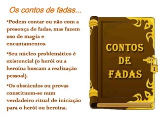Os contos de fadas...
•Podem contar ou não com a
presença de fadas, mas fazem
uso de magia e
encantamentos.
•Seu núcleo problemático é
existencial (o herói ou a
heroína buscam a realização
pessoal).
•Os obstáculos ou provas
constituem-se num
verdadeiro ritual de iniciação
para o herói ou heroína.
 