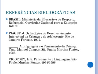 REFERÊNCIAS BIBLIOGRÁFICAS
 BRASIL. Ministério da Educação e do Desporto.
Referencial Curricular Nacional para a Educação
Infantil.
 PIAGET, J. Os Estágios do Desenvolvimento
Intelectual da Criança e do Adolescente. Rio de
Janeiro: Forense, 1972.
______. A Linguagem e o Pensamento da Criança.
Trad. Manuel Campos. São Paulo: Martins Fontes,
1986.
VIGOTSKY, L. S. Pensamento e Linguagem. São
Paulo: Martins Fontes, 1934/1996.
 