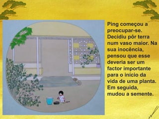 Ping começou a
preocupar-se.
Decidiu pôr terra
num vaso maior. Na
sua inocência,
pensou que esse
deveria ser um
factor importante
para o início da
vida de uma planta.
Em seguida,
mudou a semente.
 
