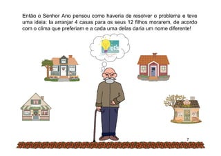 Então o Senhor Ano pensou como haveria de resolver o problema e teve
uma ideia: Ia arranjar 4 casas para os seus 12 filhos morarem, de acordo
com o clima que preferiam e a cada uma delas daria um nome diferente!
7
 