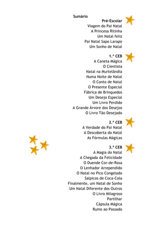 7
Sumário
Pré-Escolar
Viagem do Pai Natal
A Princesa Ritinha
Um Natal feliz
Pai Natal Sapo Larapo
Um Sonho de Natal
1.º CEB
A Caneta Mágica
O Cientista
Natal na Murtelândia
Numa Noite de Natal
O Conto de Natal
O Presente Especial
Fábrica de Brinquedos
Um Desejo Especial
Um Livro Perdido
A Grande Árvore dos Desejos
O Livro Tão Desejado
2.º CEB
A Verdade do Pai Natal
A Descoberta do Natal
As Fórmulas Mágicas
3.º CEB
A Magia do Natal
A Chegada da Felicidade
O Duende Cor-de-Rosa
O Lenhador Arrependido
O Natal no Pico Congelado
Salpicos de Coca-Cola
Finalmente, um Natal de Sonho
Um Natal Diferente dos Outros
O Livro Milagroso
Partilhar
Cápsula Mágica
Rumo ao Passado
 
