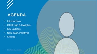 AGENDA
3
• Introductions
• 20XX high & lowlights
• Key updates
• New 20XX initiatives
• Closing
C O N T O S O A L L - H A ...