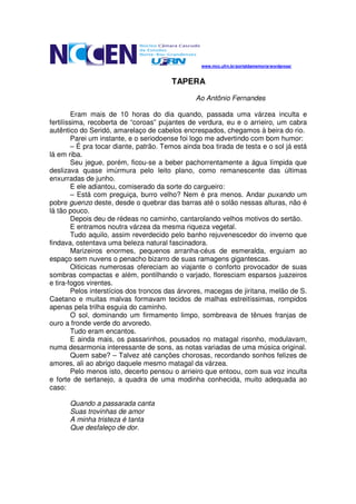 www.mcc.ufrn.br/portaldamemoria/wordpress/



                                        TAPERA
                                                Ao Antônio Fernandes

         Eram mais de 10 horas do dia quando, passada uma várzea inculta e
fertilíssima, recoberta de “coroas” pujantes de verdura, eu e o arrieiro, um cabra
autêntico do Seridó, amarelaço de cabelos encrespados, chegamos à beira do rio.
         Parei um instante, e o seriodoense foi logo me advertindo com bom humor:
         – É pra tocar diante, patrão. Temos ainda boa tirada de testa e o sol já está
lá em riba.
         Seu jegue, porém, ficou-se a beber pachorrentamente a água límpida que
deslizava quase imúrmura pelo leito plano, como remanescente das últimas
enxurradas de junho.
         E ele adiantou, comiserado da sorte do cargueiro:
         – Está com preguiça, burro velho? Nem é pra menos. Andar puxando um
pobre guenzo deste, desde o quebrar das barras até o solão nessas alturas, não é
lá tão pouco.
         Depois deu de rédeas no caminho, cantarolando velhos motivos do sertão.
         E entramos noutra várzea da mesma riqueza vegetal.
         Tudo aquilo, assim reverdecido pelo banho rejuvenescedor do inverno que
findava, ostentava uma beleza natural fascinadora.
         Marizeiros enormes, pequenos arranha-céus de esmeralda, erguiam ao
espaço sem nuvens o penacho bizarro de suas ramagens gigantescas.
         Oiticicas numerosas ofereciam ao viajante o conforto provocador de suas
sombras compactas e além, pontilhando o varjado, floresciam esparsos juazeiros
e tira-fogos virentes.
         Pelos interstícios dos troncos das árvores, macegas de jiritana, melão de S.
Caetano e muitas malvas formavam tecidos de malhas estreitíssimas, rompidos
apenas pela trilha esguia do caminho.
         O sol, dominando um firmamento limpo, sombreava de tênues franjas de
ouro a fronde verde do arvoredo.
         Tudo eram encantos.
         E ainda mais, os passarinhos, pousados no matagal risonho, modulavam,
numa desarmonia interessante de sons, as notas variadas de uma música original.
         Quem sabe? – Talvez até canções chorosas, recordando sonhos felizes de
amores, ali ao abrigo daquele mesmo matagal da várzea.
         Pelo menos isto, decerto pensou o arrieiro que entoou, com sua voz inculta
e forte de sertanejo, a quadra de uma modinha conhecida, muito adequada ao
caso:

      Quando a passarada canta
      Suas trovinhas de amor
      A minha tristeza é tanta
      Que desfaleço de dor.
 