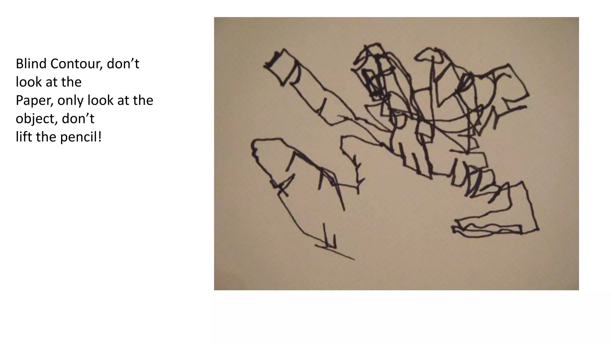 Blind Contour, don’t
look at the
Paper, only look at the
object, don’t
lift the pencil!
 