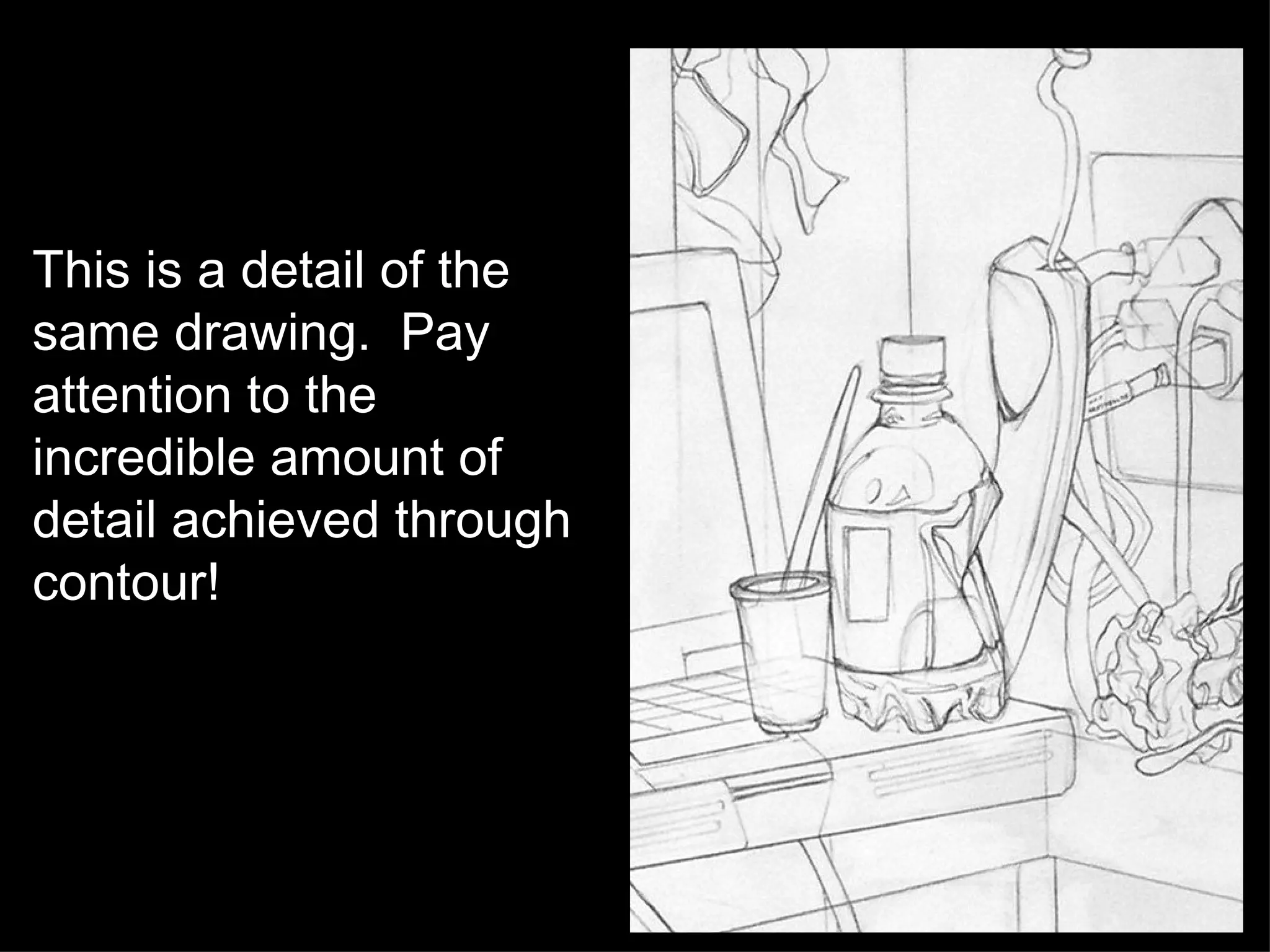 This is a detail of the same drawing.  Pay attention to the incredible amount of detail achieved through contour! 