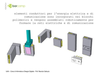 elementi conduttori per l’energia elettrica e di
                  comunicazione sono incorporati nei blocchi
           polimerici e vengono assemblati roboticamente per
               formare la reti elettriche e di comunicazione




IUAV – Corso di Informatica e Disegno Digitale – Prof. Maurizio Galluzzo
 